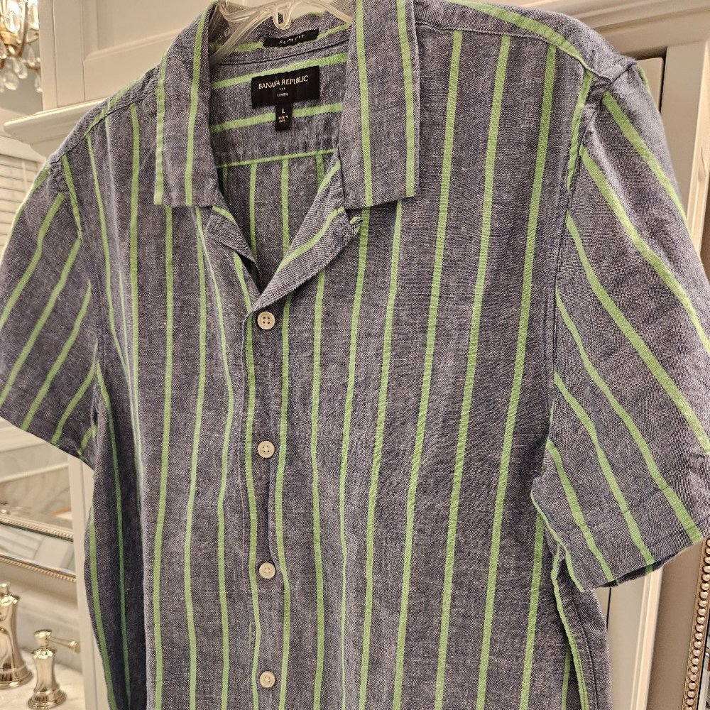 Banana Republic Linen Mens Shirt Blue and Green Size L